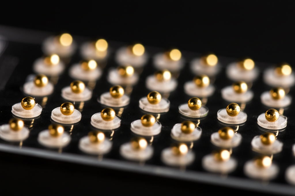 Gold acupressure pellets macro close-up