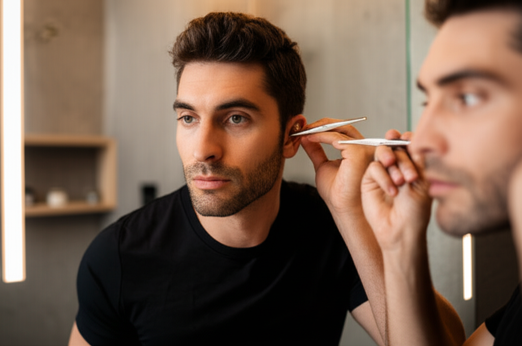 Man applying pellet to ear