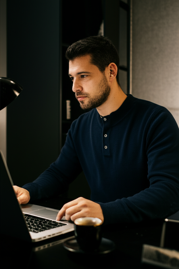 Professional man at desk, focused and dialed in