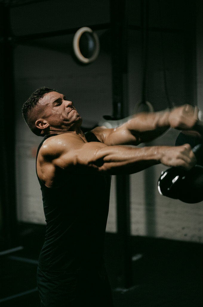 Athletic man mid-kettlebell swing in dark gym
