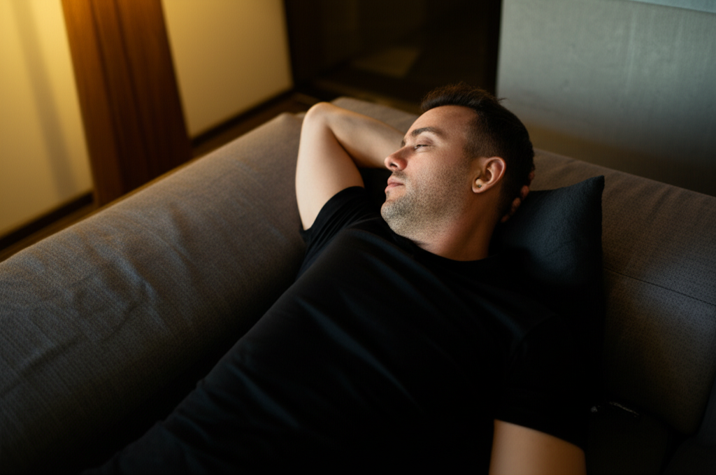 Man relaxing on sofa, eyes closed, gold pellet on ear