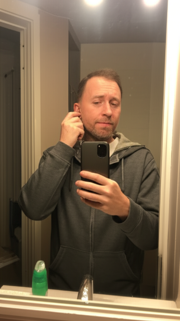 Phone selfie showing ear pellets